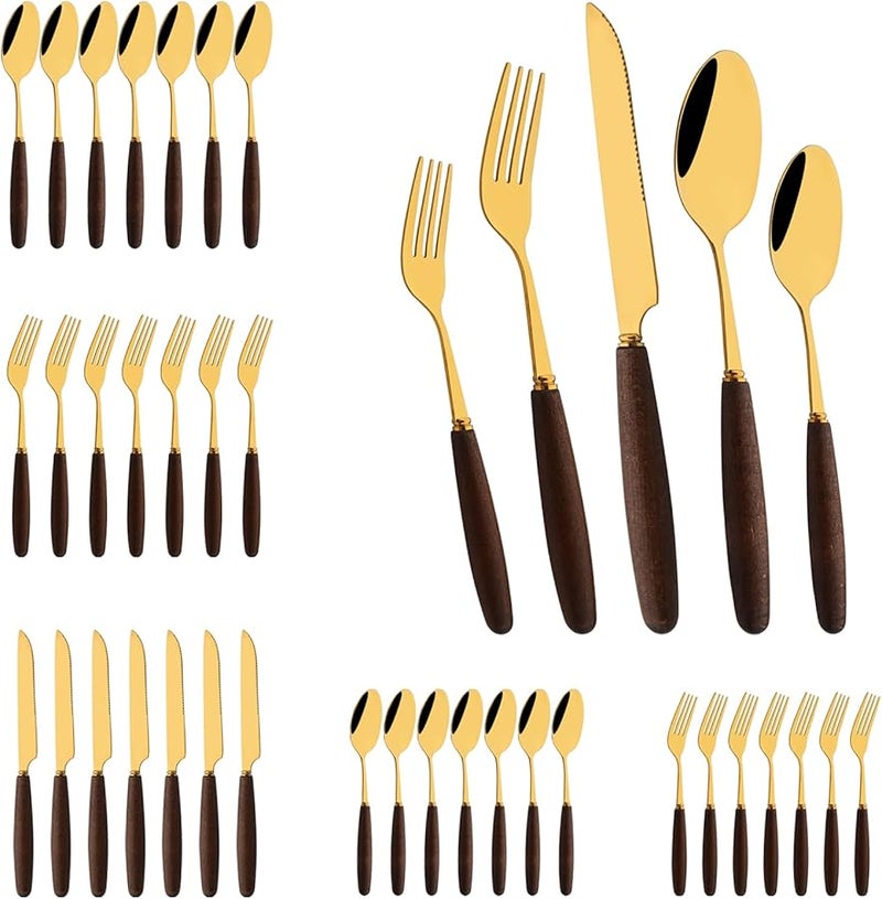 Wood Handle Flatware Set 40 Pcs For 8 Mirror Polished Stainless Steel Gold Cutlery - Image 1